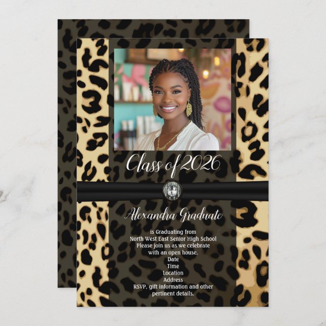 Black Leopard Animal Print Photo 2019 Graduation Invitation (Front/Back)