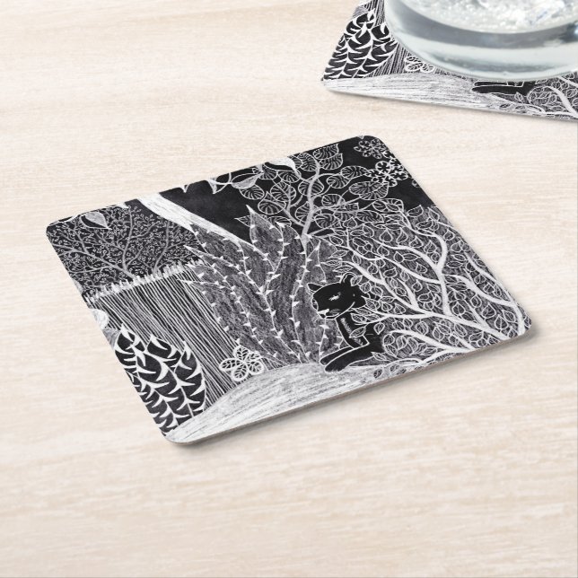 Black leopard in the jungle - pencil drawing   square paper coaster (Angled)