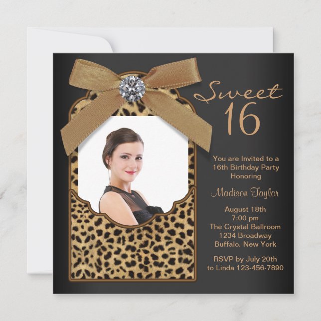 Black Leopard Photo Sweet 16 Birthday Party Invitation (Front)
