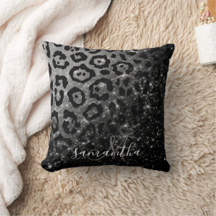 Black Leopard Print and Glitter Cushion