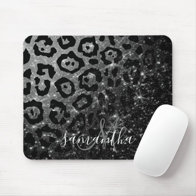 Black Leopard Print and Glitter Mouse Mat (With Mouse)
