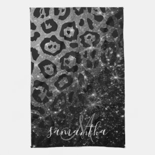 Black Leopard Print and Glitter Tea Towel