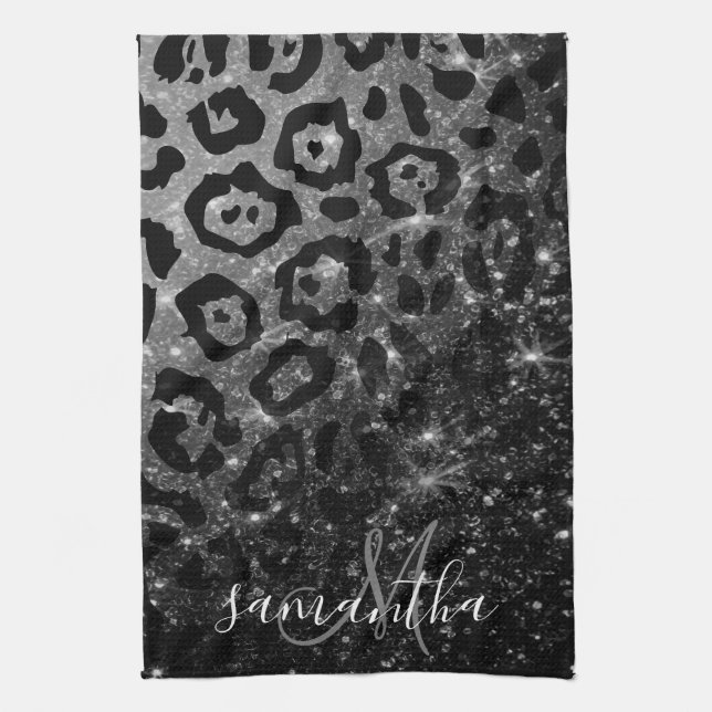 Black Leopard Print and Glitter Tea Towel (Vertical)