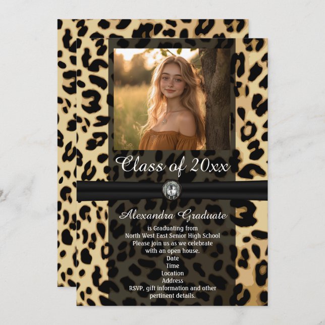 Black Leopard Ribbon Jewel Photo Graduation Invitation (Front/Back)