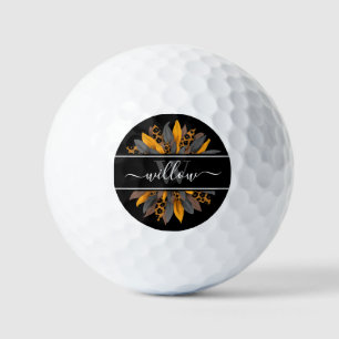 Black Leopard Spots Sunflower Name Monogram Golf Balls