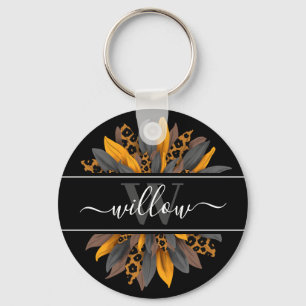 Black Leopard Spots Sunflower Name Monogram Key Ring