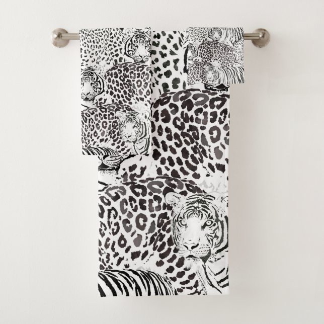 Black Leopard Tiger Animals Pattern Bath Towel Set (Insitu)