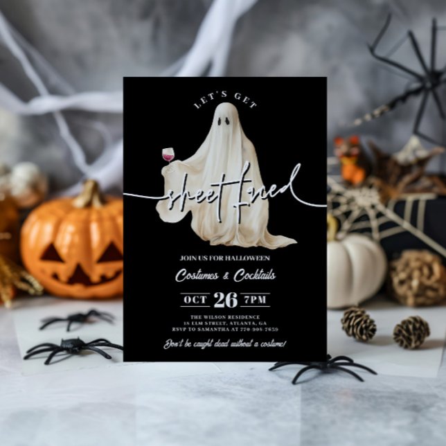 Black Let's Get Sheet Faced Funny Halloween Invitation (Creator Uploaded)