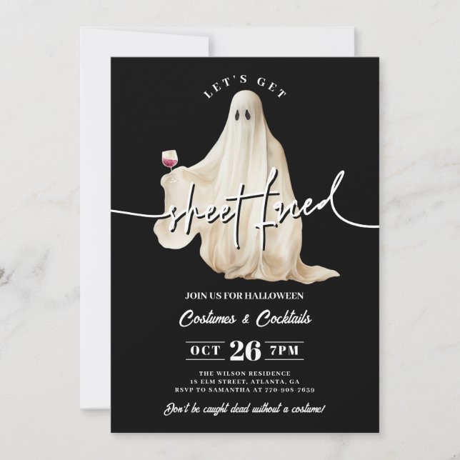 Black Let's Get Sheet Faced Funny Halloween Invitation (Front)