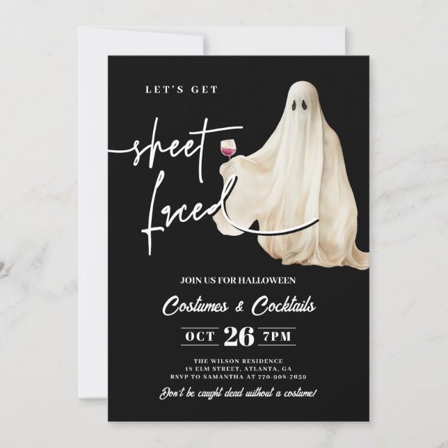 Black Let's Get Sheet Faced Funny Halloween Invitation (Front)