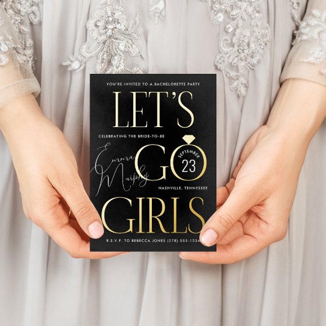 Black Lets Go Girls Bachelorette Party Foil Invitation Postcard (Black and gold foil Let's Go Girls country western bachelorette party invitation)