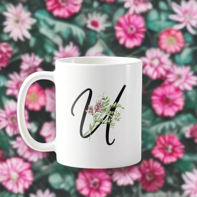 Black Letter "U" Typography Leaves & Flowers  Coffee Mug (Creator Uploaded)