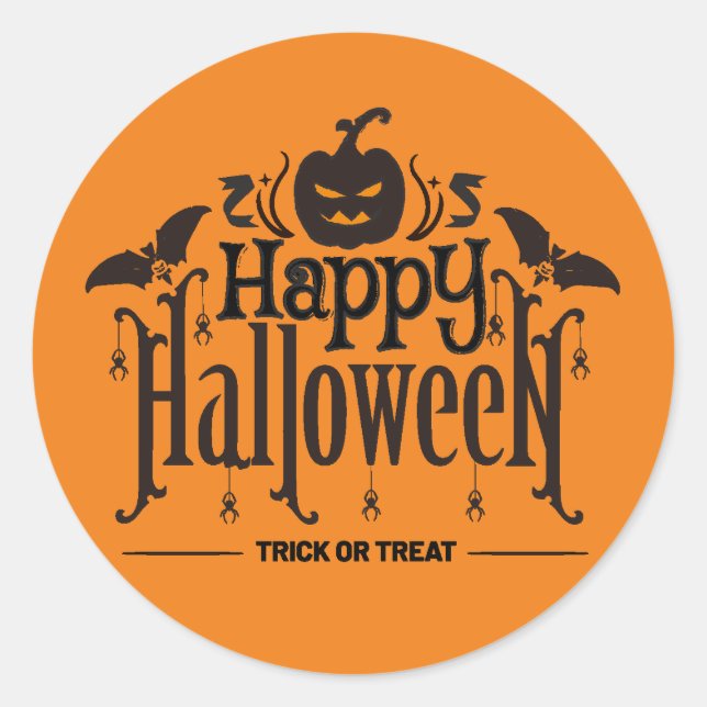 Black Lettering of Happy Halloween with pumpkin Classic Round Sticker (Front)
