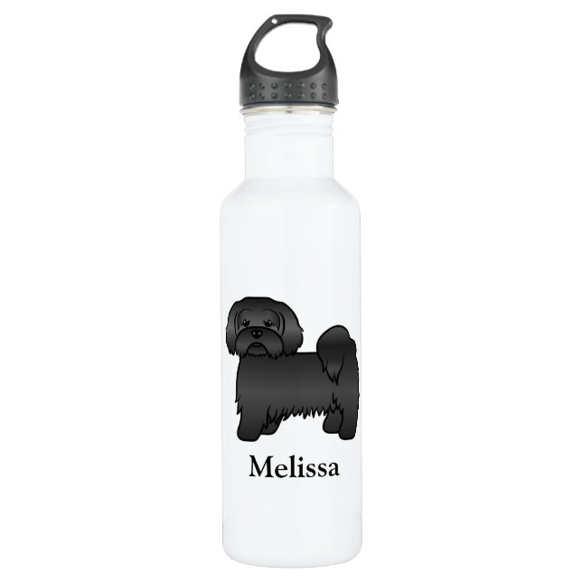Black Lhasa Apso Cute Cartoon Dog & Name 710 Ml Water Bottle (Front)