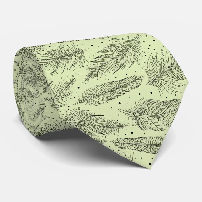 Black light green vintage feather pattern tie (Rolled)