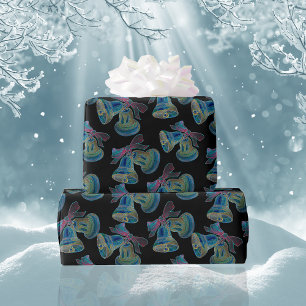 Black Light Neon Christmas Bells Pattern  Wrapping Paper