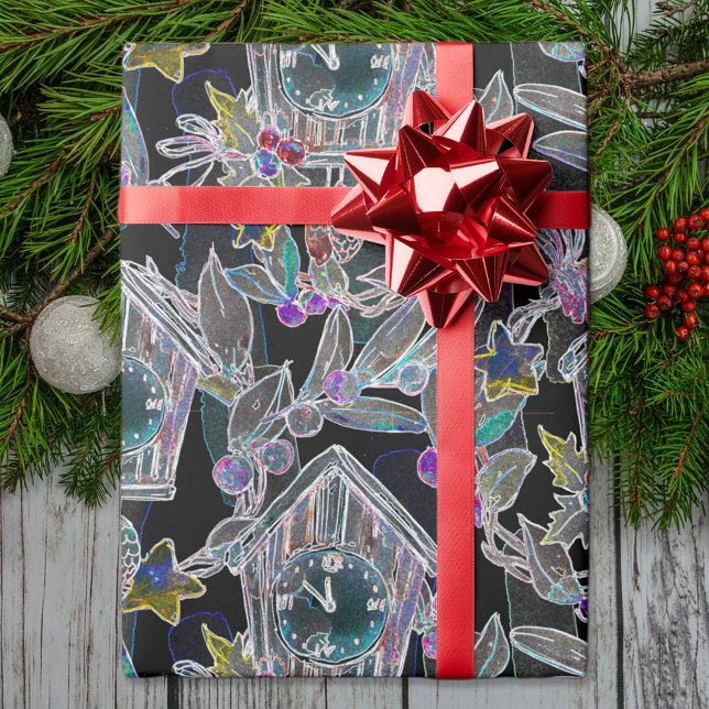 Black Light Neon Christmas Clock Pattern  Wrapping Paper (Creator Uploaded)