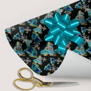 Black Light Neon Glow Xmas Snowflakes Cars Bells Wrapping Paper