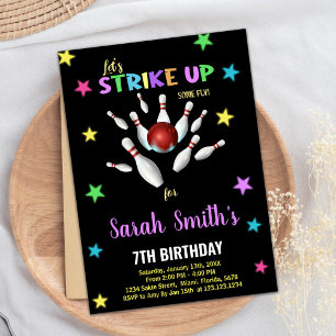 Black Light Purple Bowling Birthday Invitations
