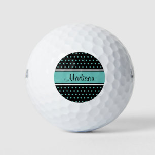 Black Light Teal Polka Dot Stripe Script Name Golf Balls