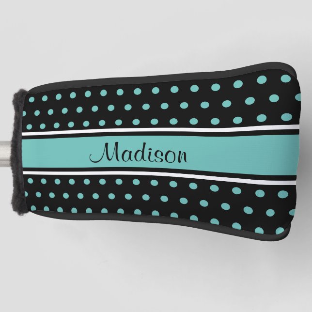Black Light Teal Polka Dot Stripe Script Name Golf Head Cover (Front)