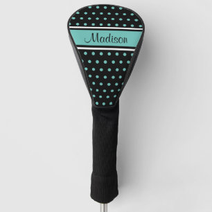 Black Light Teal Polka Dot Stripe Script Name Golf Head Cover