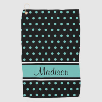 Black Light Teal Polka Dot Stripe Script Name Golf Towel