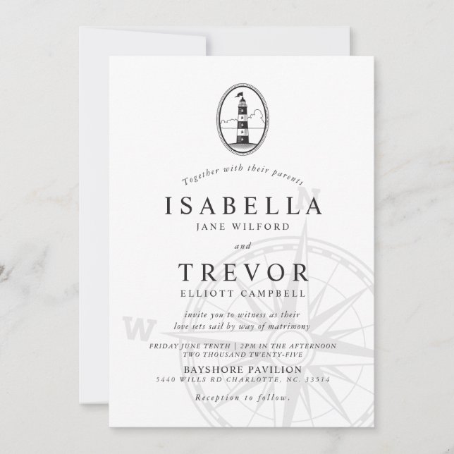 Black Lighthouse Nautical Wedding Invitation (Front)