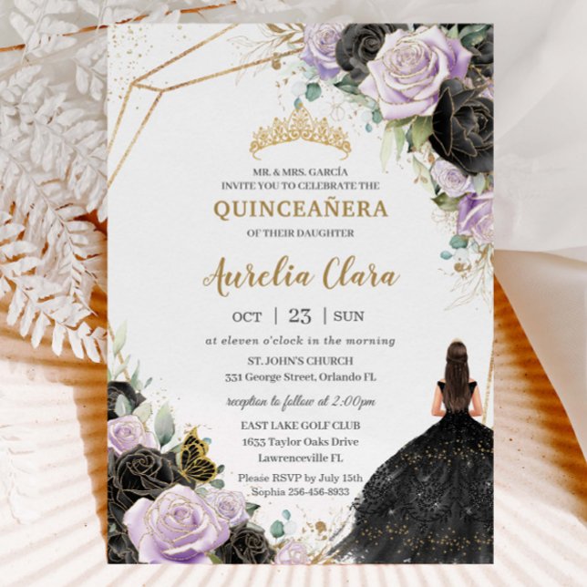 Black Lilac Roses Floral Quinceañera Sweet Sixteen Invitation (Creator Uploaded)