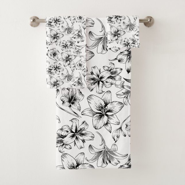 Black Lily Flowers Bath Towel Set (Insitu)