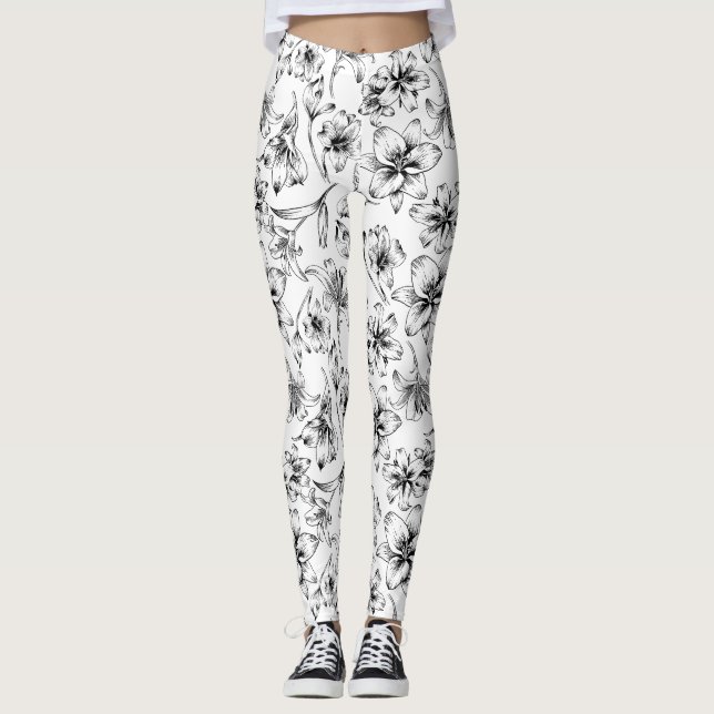 Black Lily Flowers Leggings (Front)