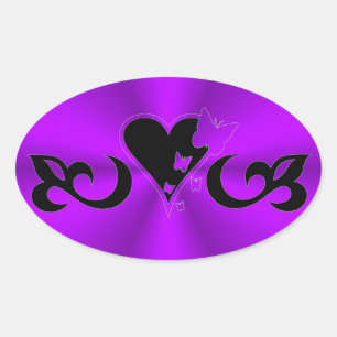 Black Lily Heart and Butterfly on Rainbow Oval Sticker