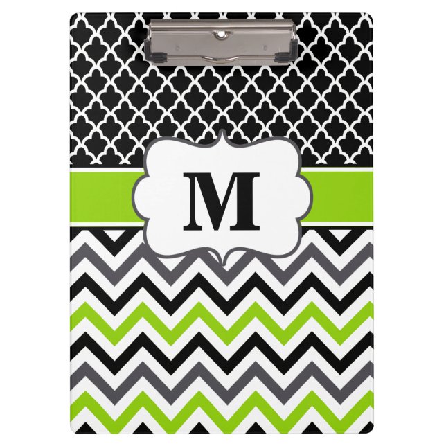 Black Lime Green Chevron Monogram Clipboard (Front)