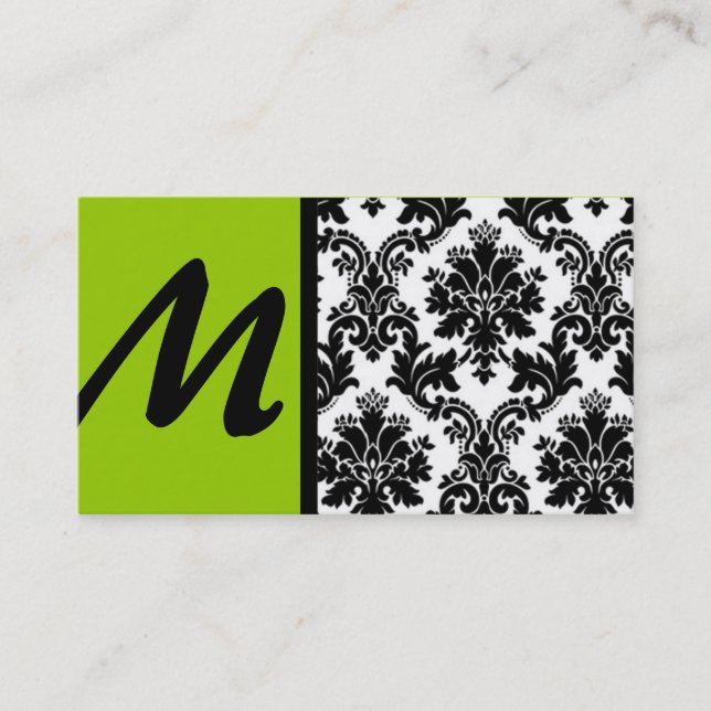 Black Lime Green Damask Business Cards (Front)