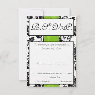 Black/Lime Green Floral Damask Wedding RSVP Card