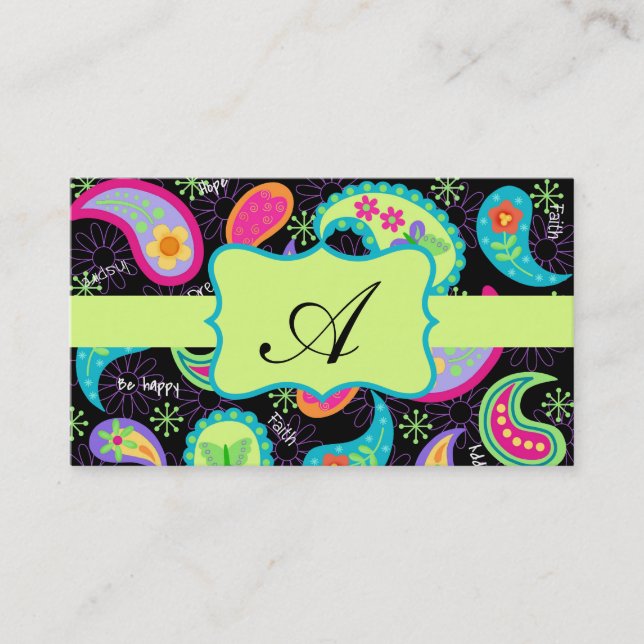 Black Lime Green Modern Paisley Pattern Monogram Business Card (Front)