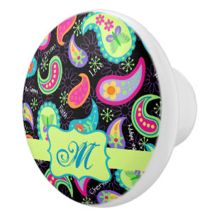 Black Lime Green Monogram Personalised Paisley Ceramic Knob