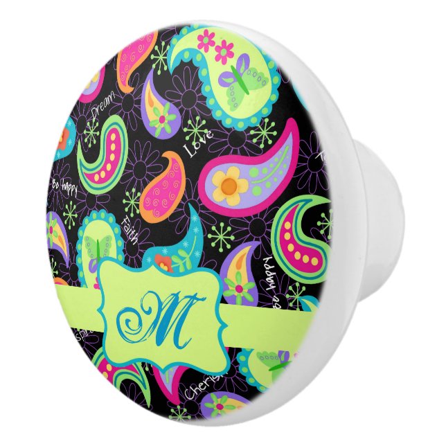 Black Lime Green Monogram Personalised Paisley Ceramic Knob (Right)