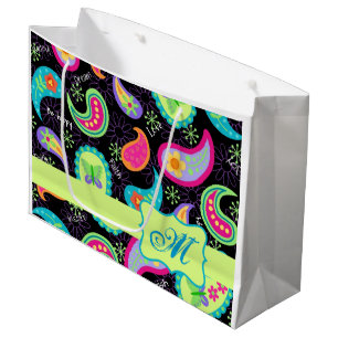 Black Lime Green Monogram Personalised Paisley Large Gift Bag