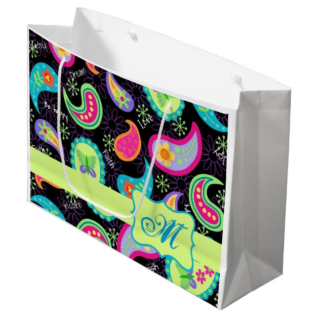 Black Lime Green Monogram Personalised Paisley Large Gift Bag (Front Angled)