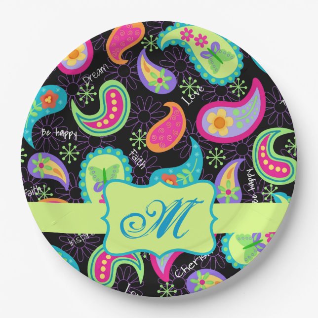 Black Lime Green Monogram Personalised Paisley Paper Plate (Front)