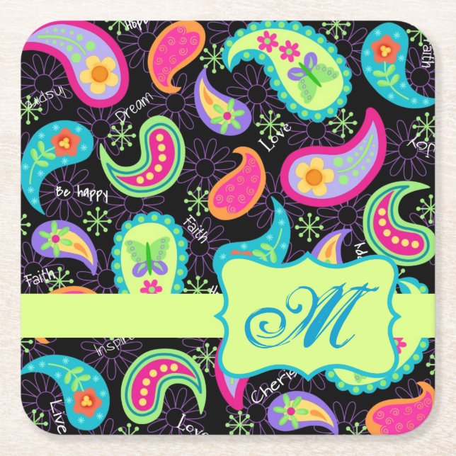 Black Lime Green Monogram Personalised Paisley Square Paper Coaster (Front)
