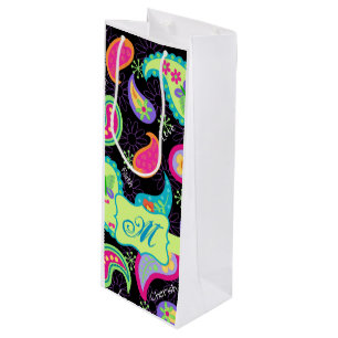Black Lime Green Monogram Personalised Paisley Wine Gift Bag
