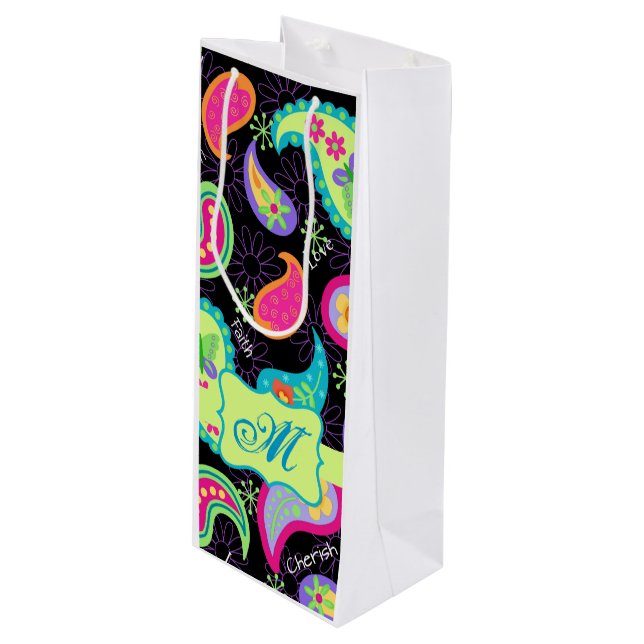 Black Lime Green Monogram Personalised Paisley Wine Gift Bag (Front Angled)