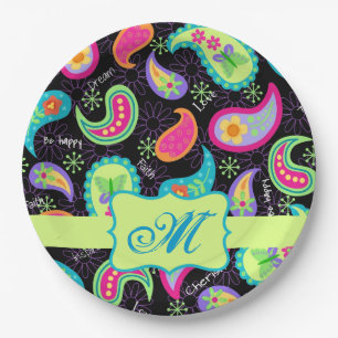 Black Lime Green Monogram Personalized Paisley Paper Plate