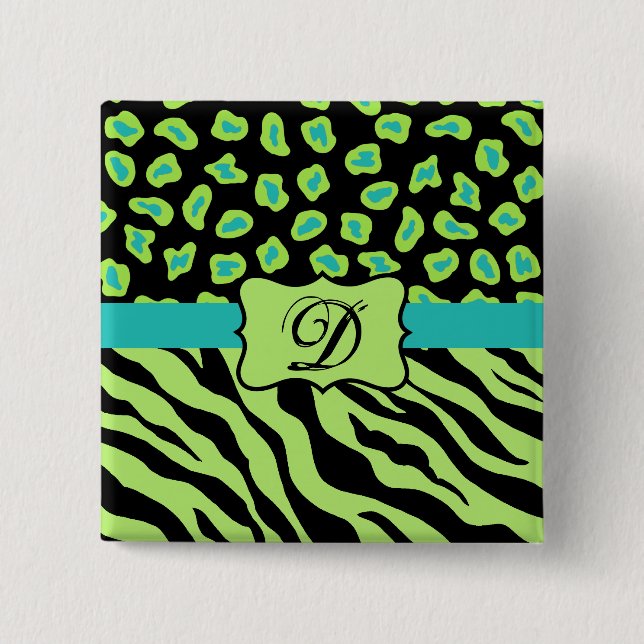 Black, Lime Green & Turquoise Zebra & Cheetah Skin 15 Cm Square Badge (Front)
