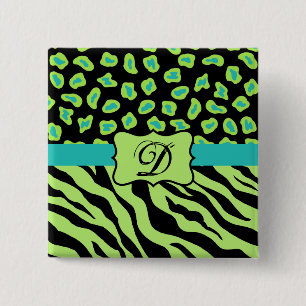 Black, Lime Green & Turquoise Zebra & Cheetah Skin 15 Cm Square Badge