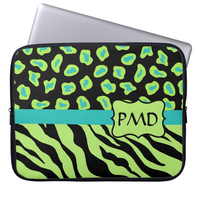 Black, Lime Green & Turquoise Zebra & Cheetah Skin Laptop Sleeve (Front)