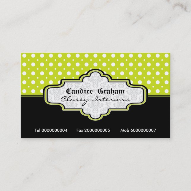 Black lime green white polka dot interiors business card (Front)