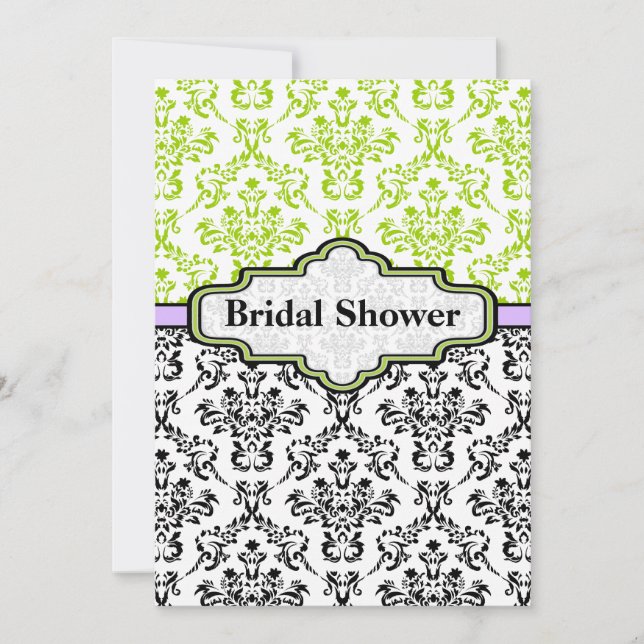 Black lime purple damask wedding bridal shower invitation (Front)